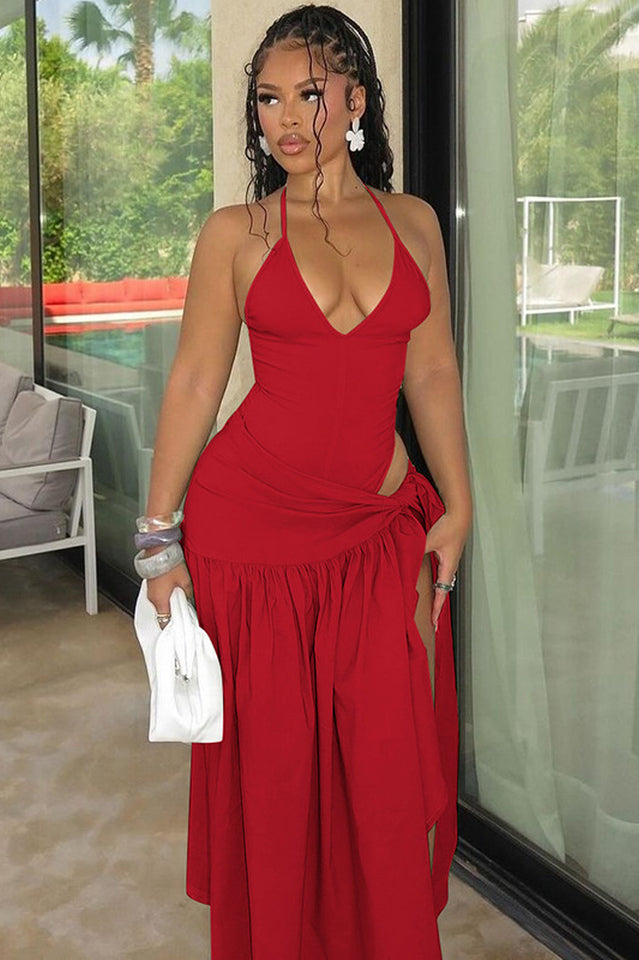 Halter Deep V-Neck Backless High Split Maxi Dress 26