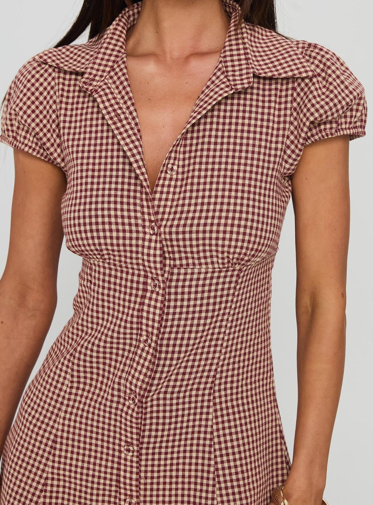Gingham Collared Puff Sleeve Button Front A-Line Shirt Mini Dress 5
