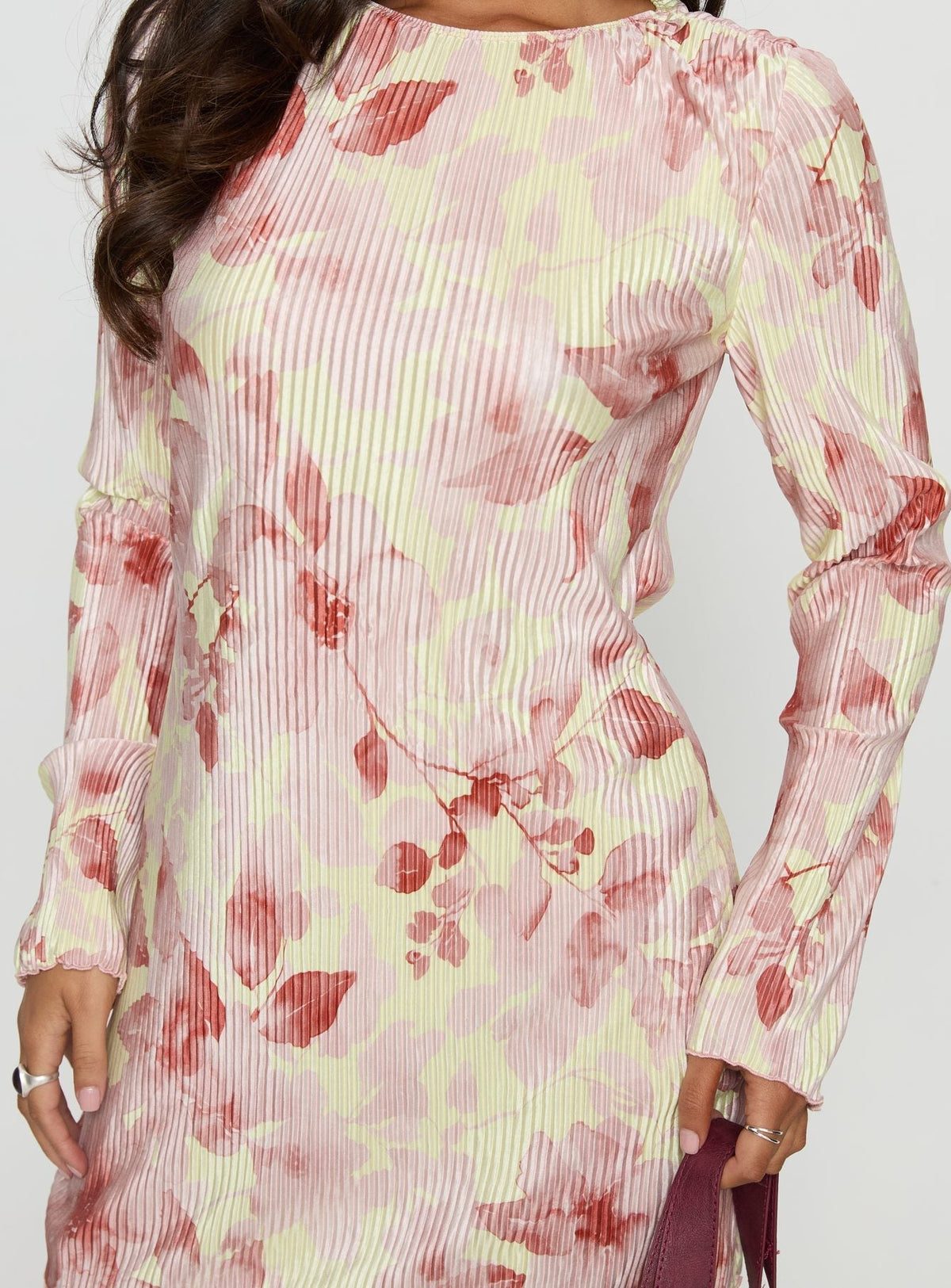 Floral Plisse Boat Neck Flared Long Sleeve Shift Mini Dress 5