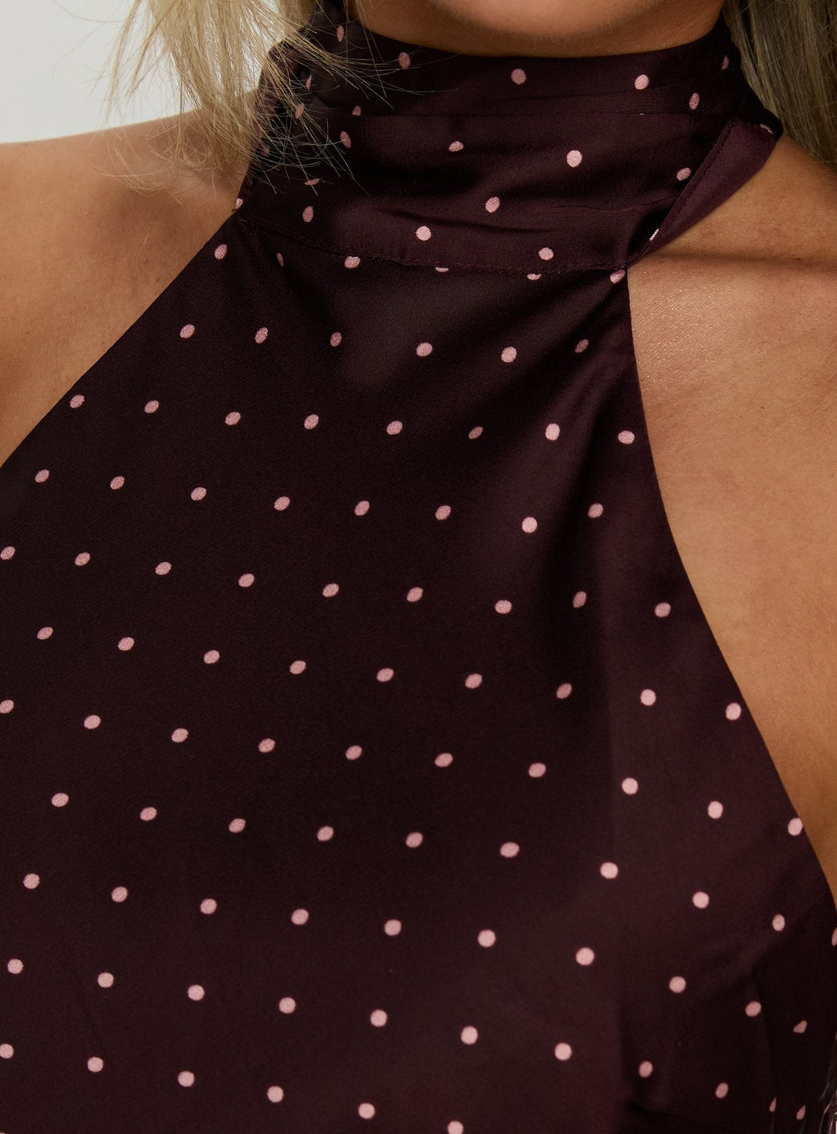 Polka Dot Satin High Neck Halter Open Back Mini Dress 5