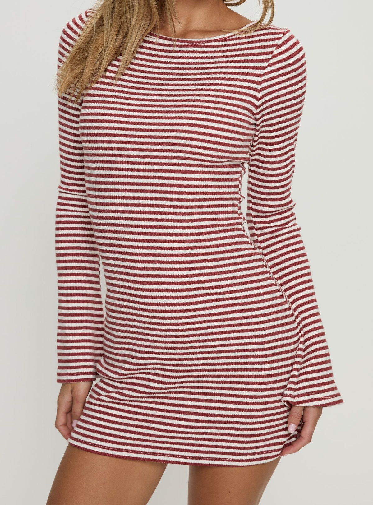 Striped Ribbed Knit Boat Neck Flared Long Sleeve Bodycon Mini Dress 5