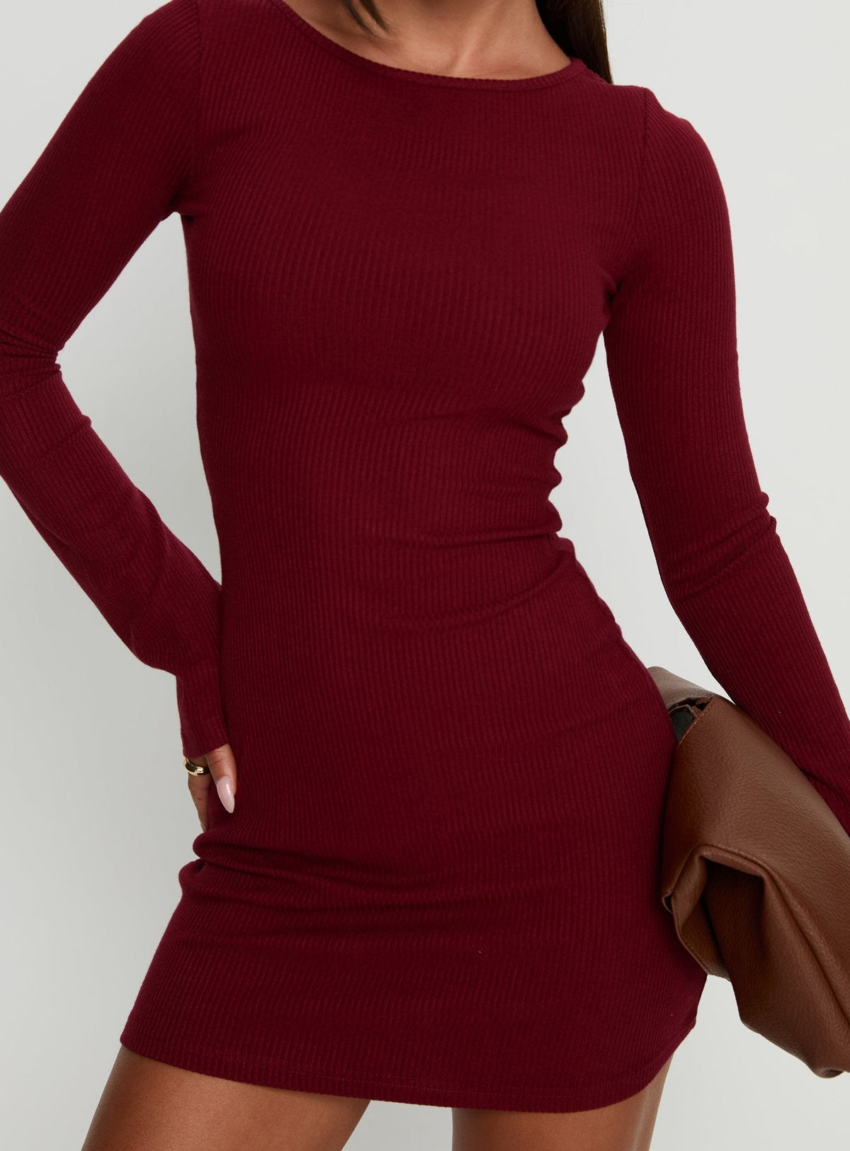 Ribbed Knit Crew Neck Flared Long Sleeve Bodycon Mini Dress 6