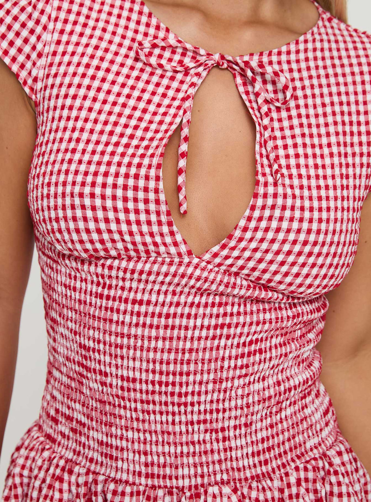Gingham Keyhole Tie Neck Smocked Waist Bubble Hem Mini Dress 6