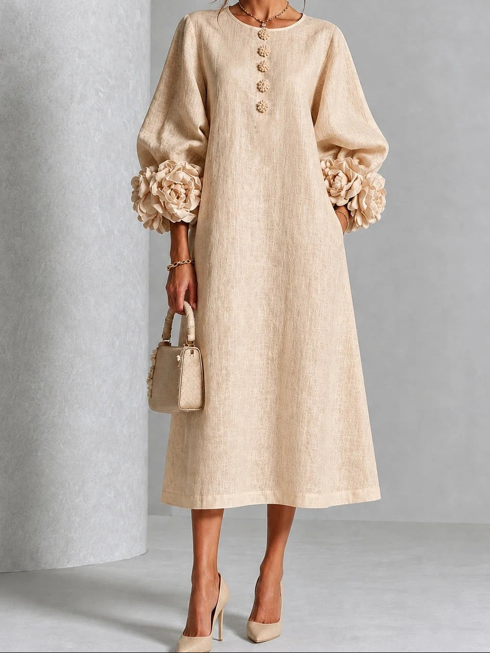 Round Neck 3D Floral Cuff Button Front Midi Dress