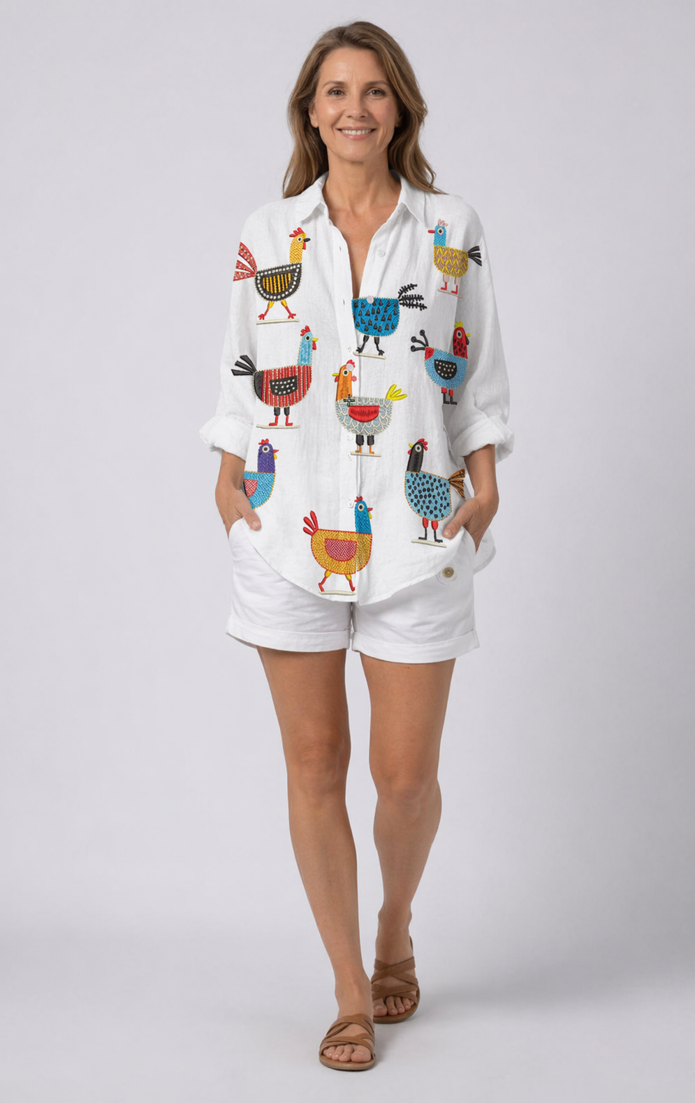 Chicken Print Long Sleeve Button Front Shirt