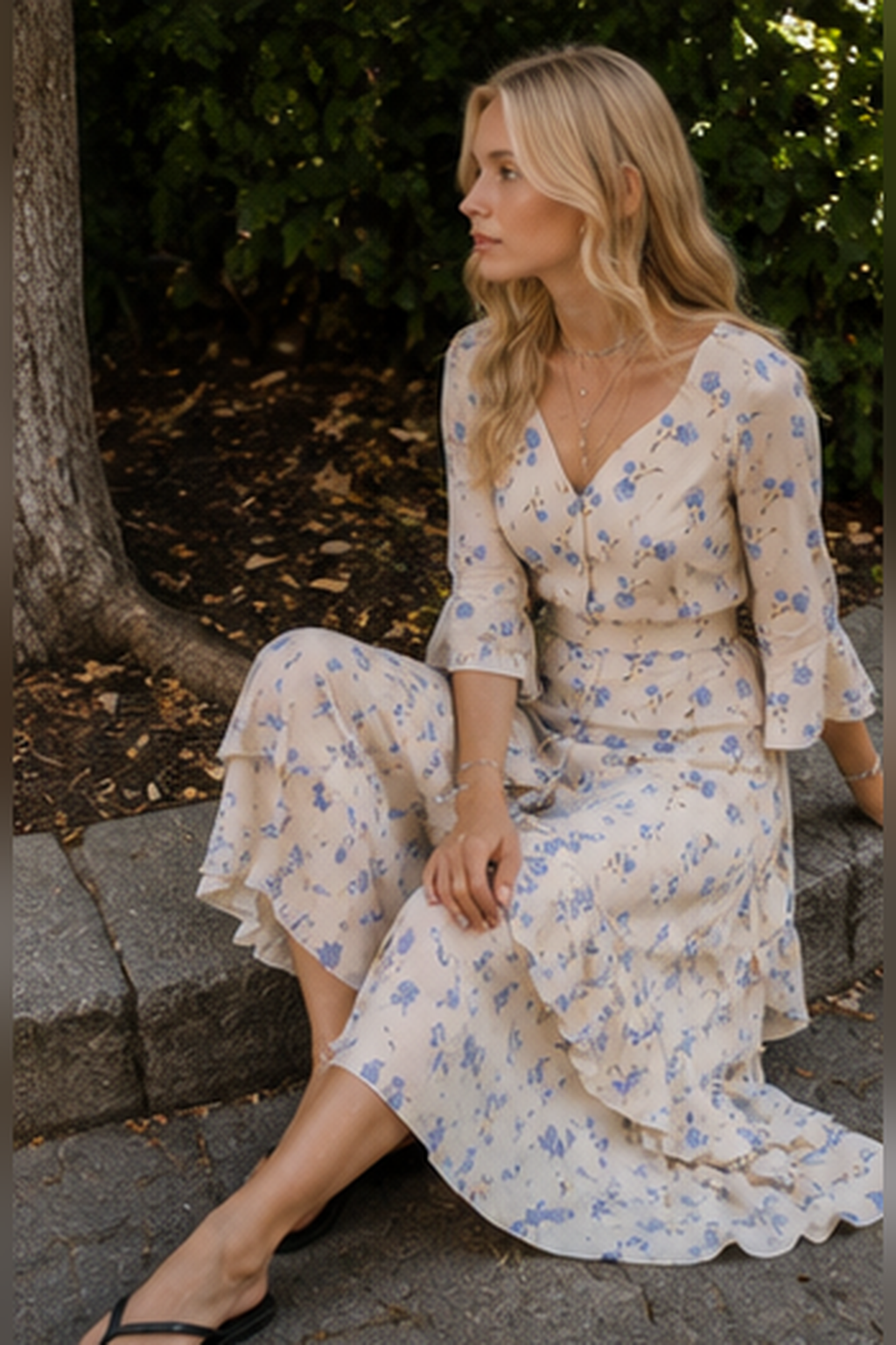 Flared Sleeve Floral Dress