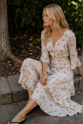 Asymmetric V Neck Flare Sleeve Floral Dress