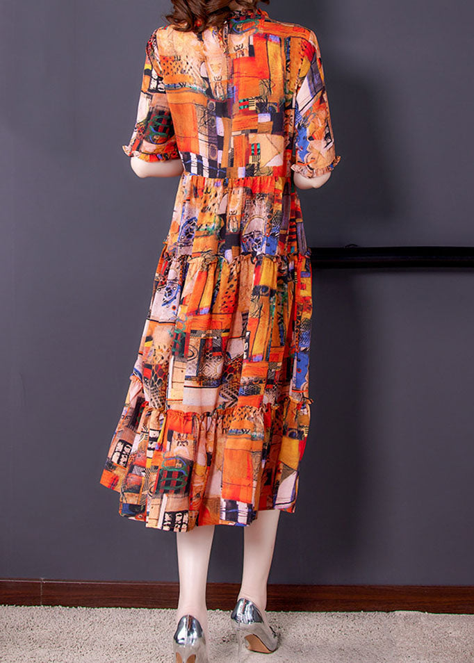 Abstract Patchwork Print Ruffle Collar Short Sleeve Tiered Smock Midi Dress