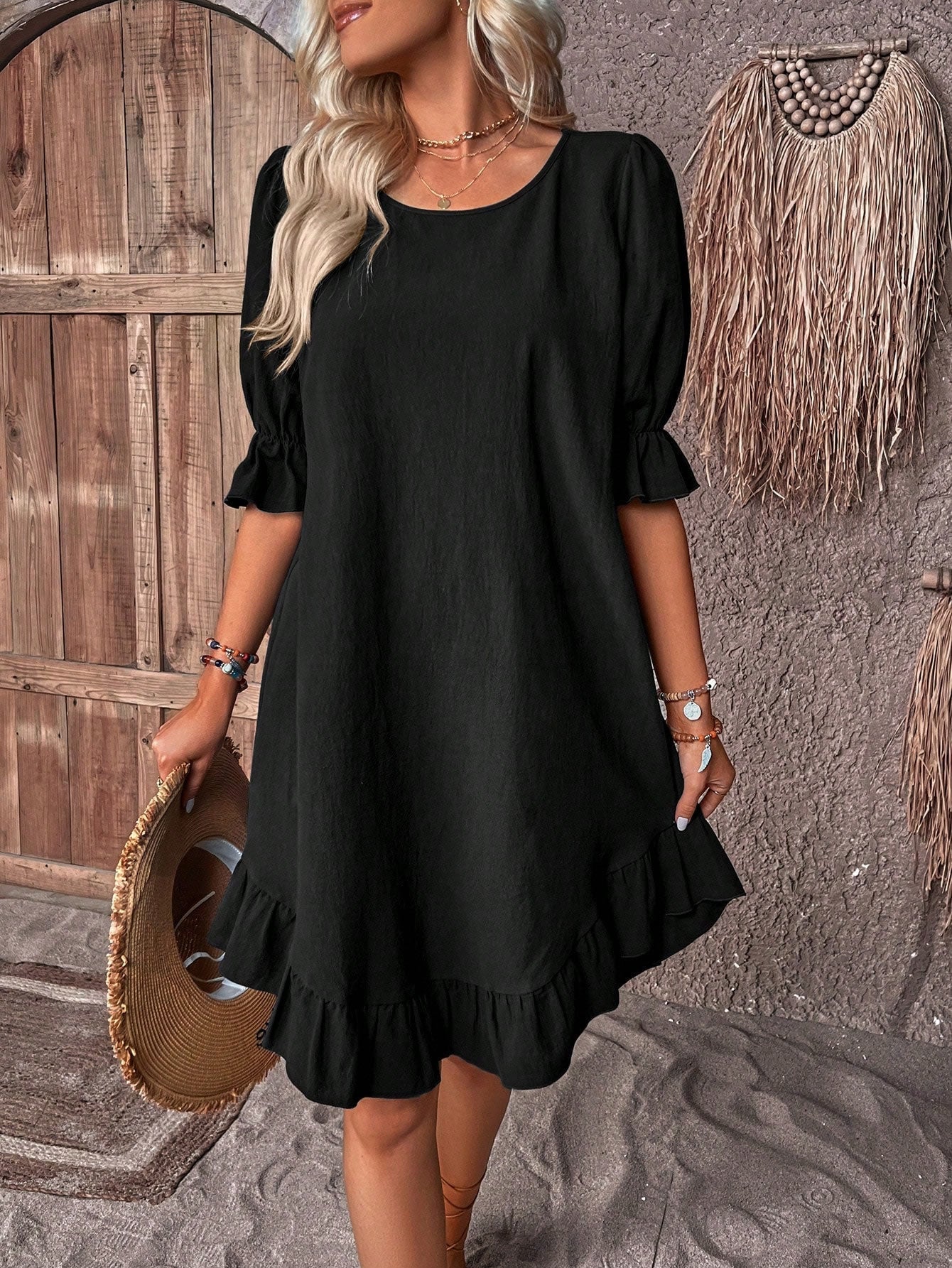 Round Neck Puff Sleeve Ruffle Hem Mini Dress 6
