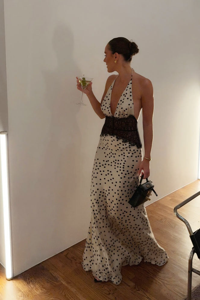 Halter Neck Polka Dot Lace Waist Slip Maxi Dress