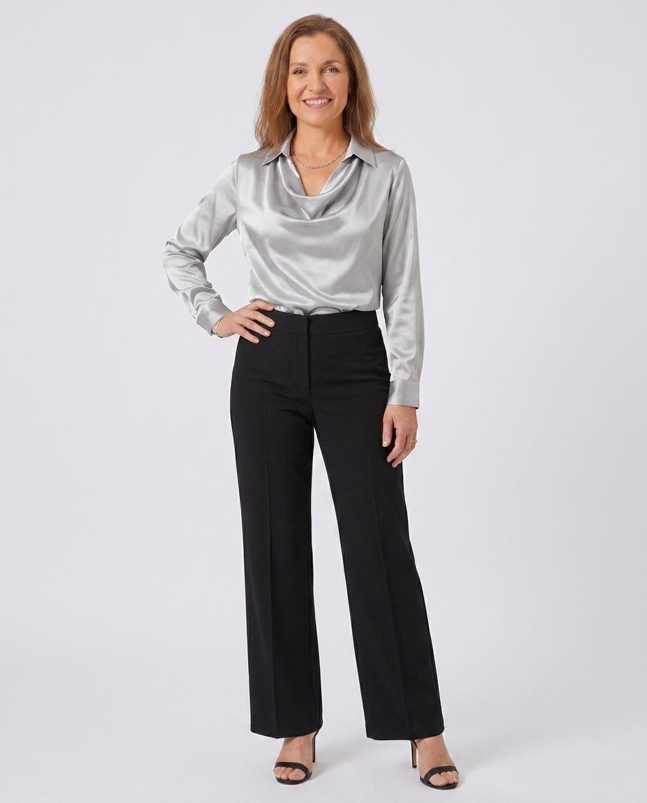 Collared Cowl Neck Long Sleeve Satin Blouse