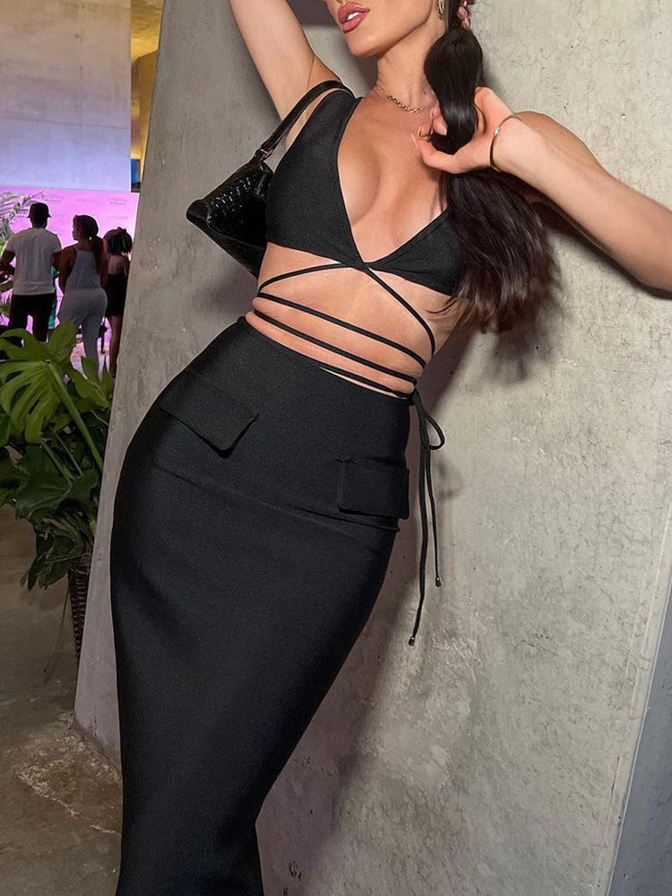 Deep V-Neck Wrap Tie Crop Top and Maxi Skirt Two Piece Set 18