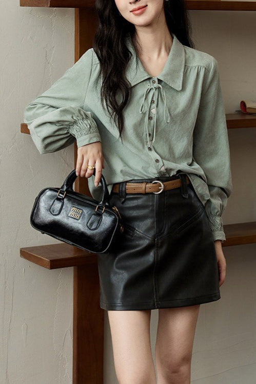 Collared Lace Up Front Long Sleeve Smocked Cuff Button Blouse