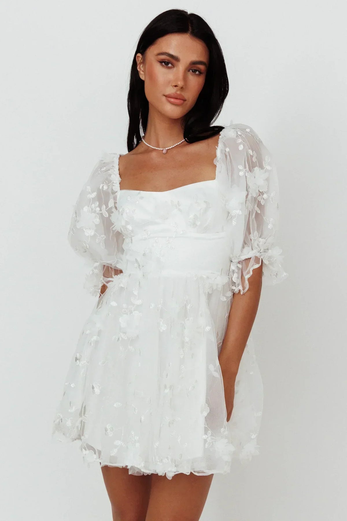 3D Butterfly Applique Mesh Puff Sleeve Square Neck Babydoll Mini Dress 5