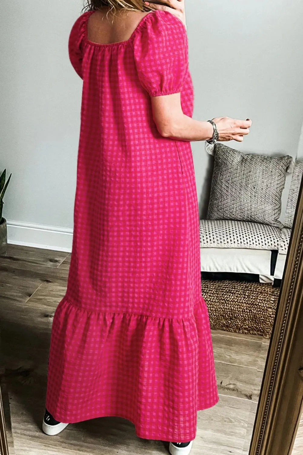 Gingham Puff Sleeve Scoop Neck Ruffle Hem Maxi Dress 2
