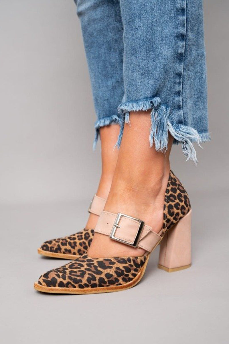 Leopard Print Buckle Strap Block Heel Slingback Pumps