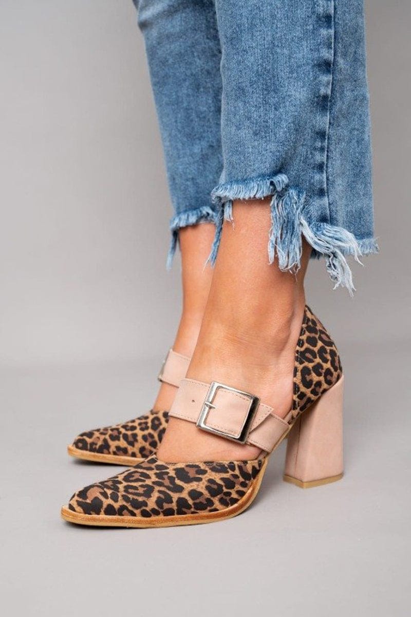 Leopard Print Pointed Toe Buckle Strap Block Heel Pumps