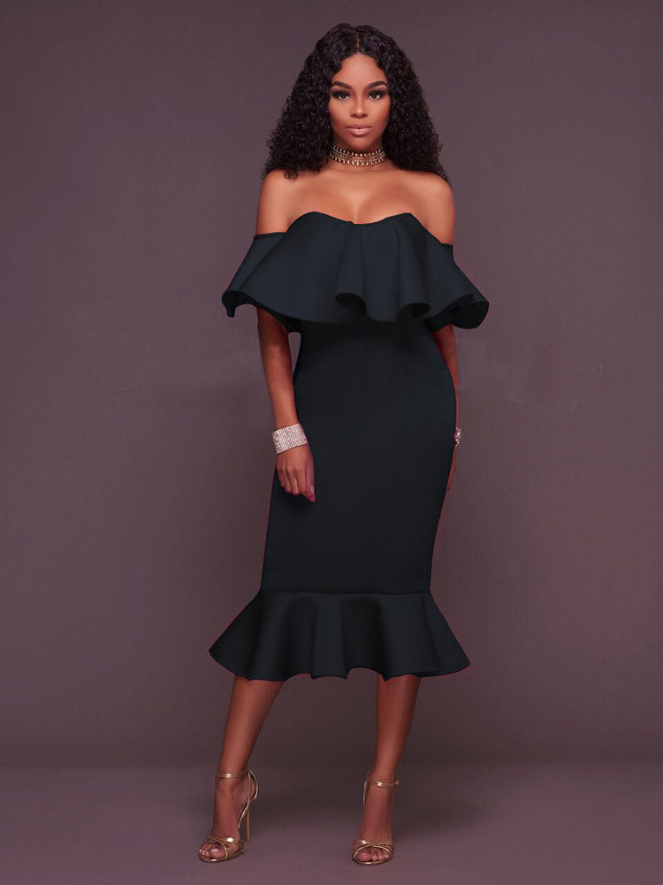 Off Shoulder Ruffle Mermaid Midi Dress 10
