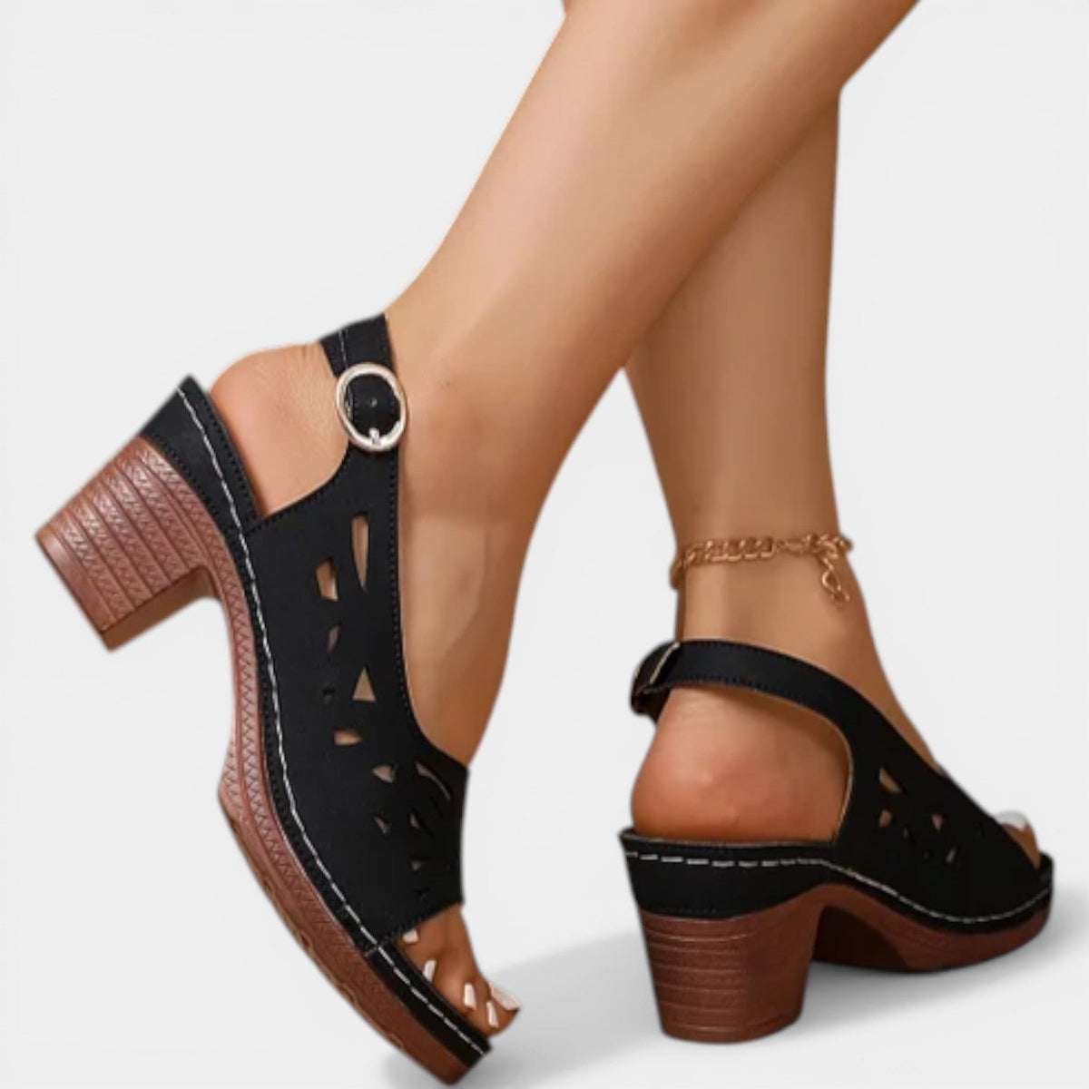 Peep Toe Laser Cut Slingback Block Heel Sandals