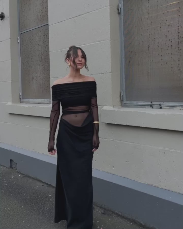 Obsidian Veil Off Shoulder Mesh Drape Dress - View 6