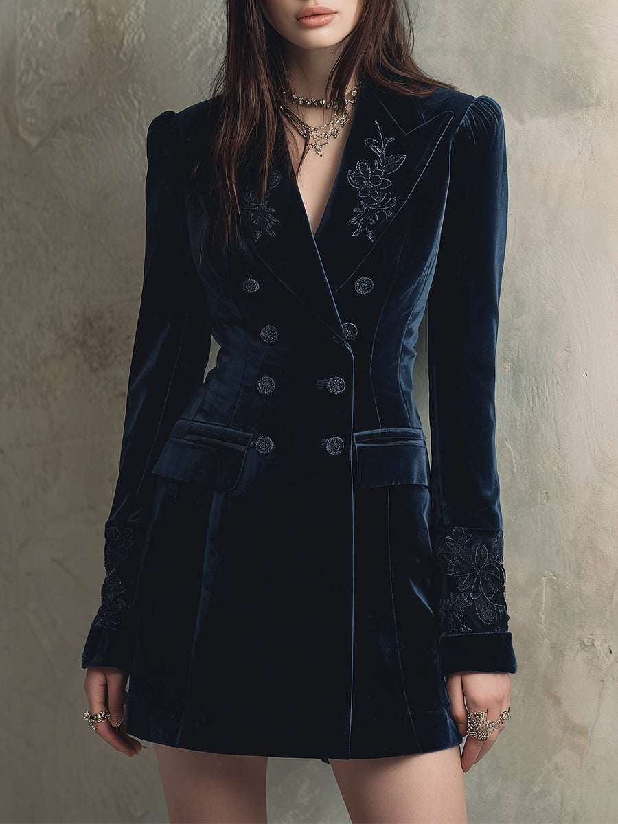 Elegant Velvet Lapel Embroidered Suit Mini Dress