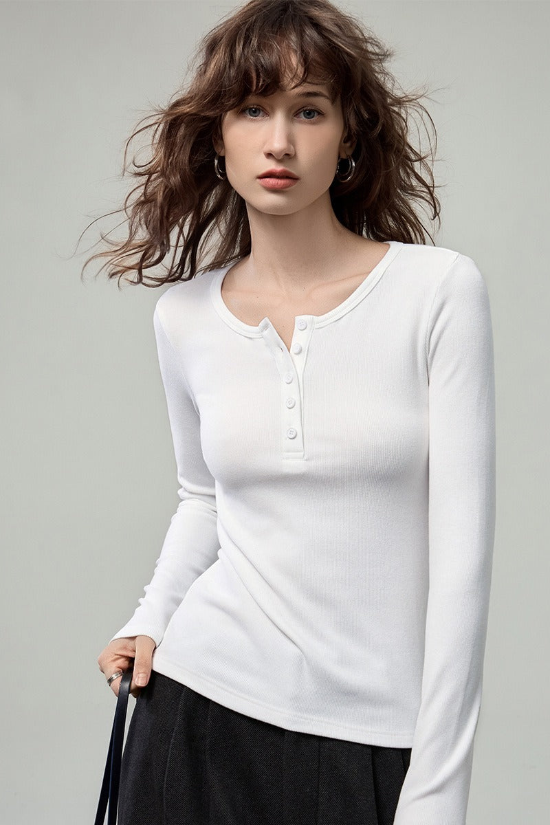 Stretchy Ribbed Henley Long Sleeve Top