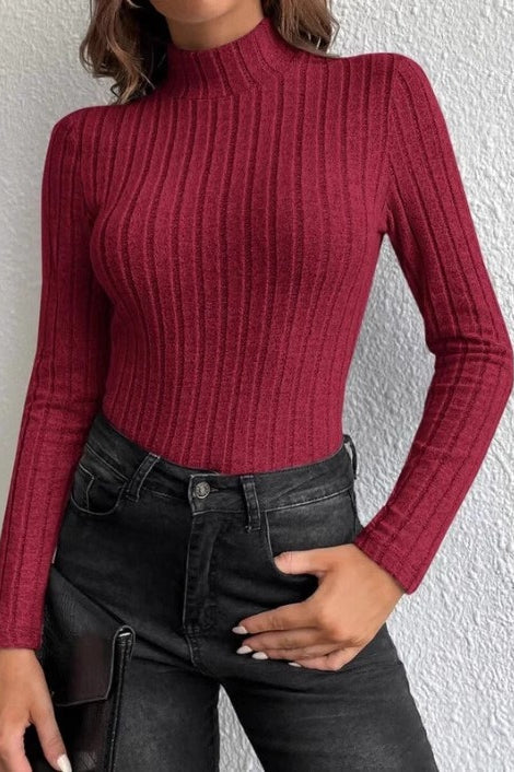 Mock Neck Long Sleeve Slim Fit Ribbed Knit Sweater
