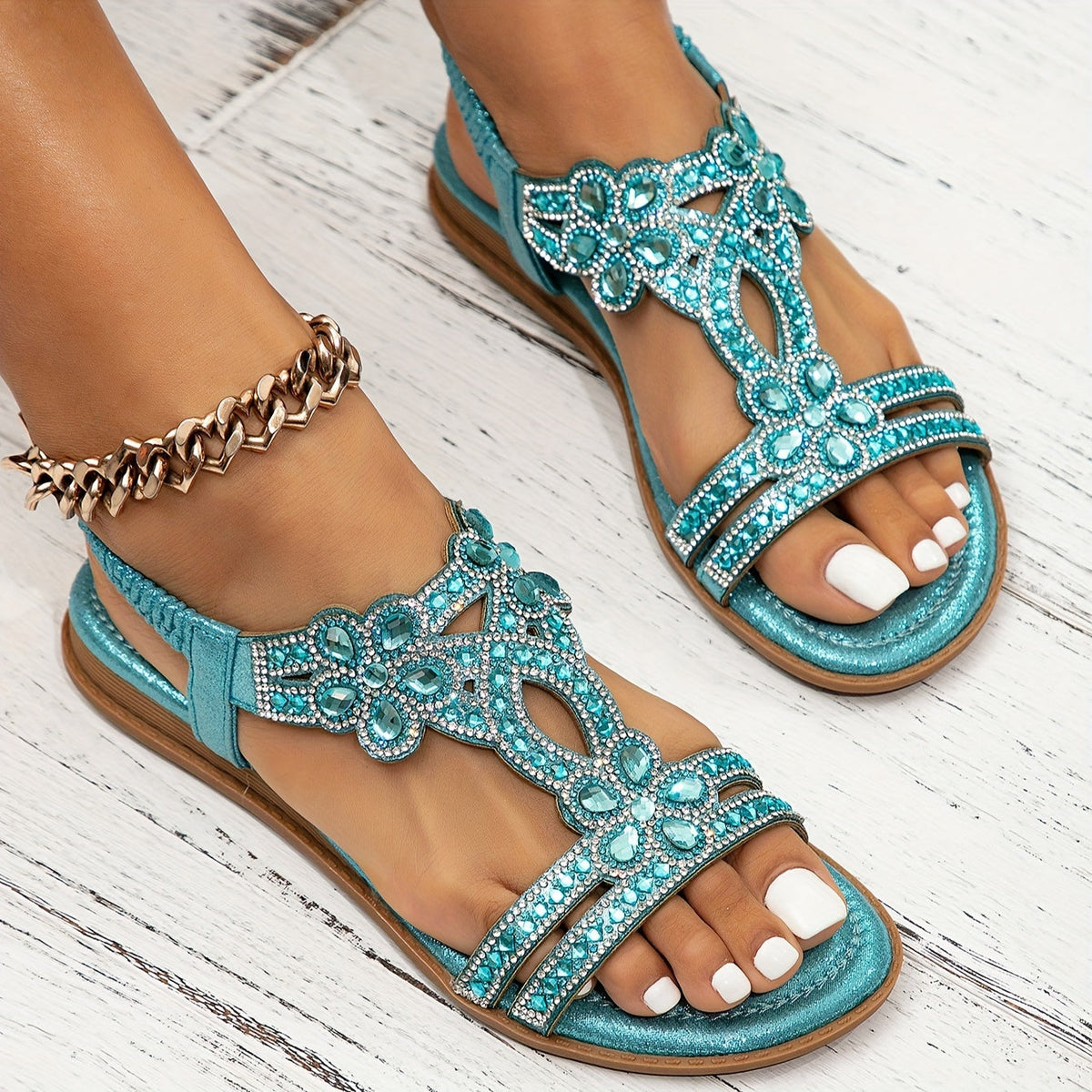 Open Toe Rhinestone Embellished Flat Sandals