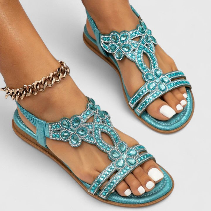 Open Toe Rhinestone Elastic Ankle Flat Sandals 10
