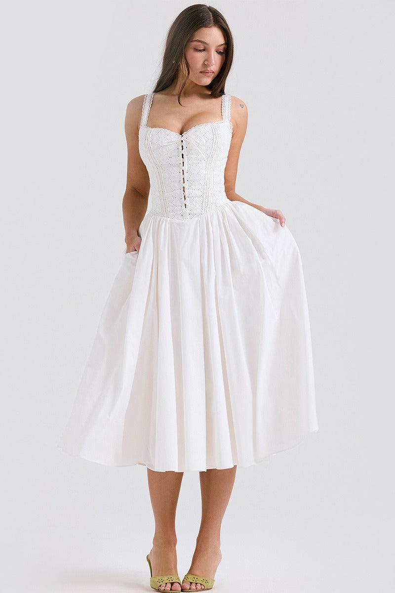 White Lace Spaghetti Strap Midi Dress - View 4
