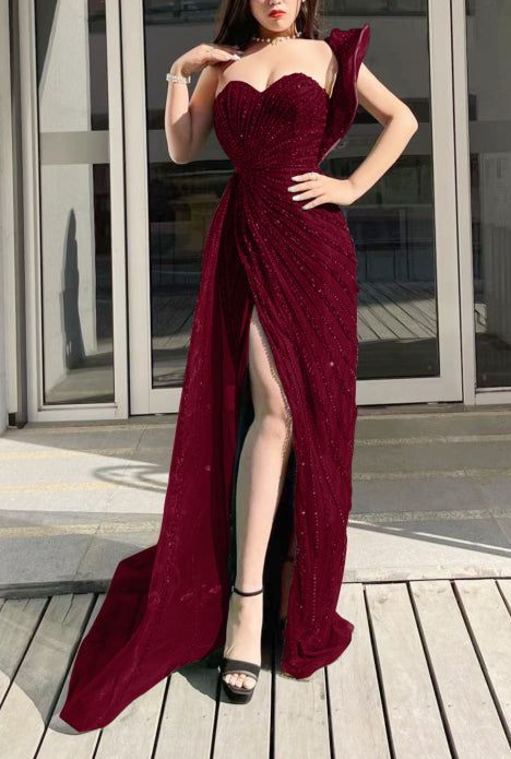 Emerald Green Sweetheart One-Shoulder Sequins Beading Evening Dress Mermaid Prom Dress With Split cc1634