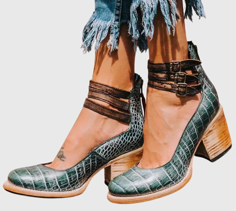 Round Toe Double Buckle Ankle Strap Block Heel Pumps