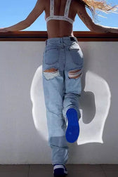 High-Waist Distressed Straight-Leg Denim Jeans
