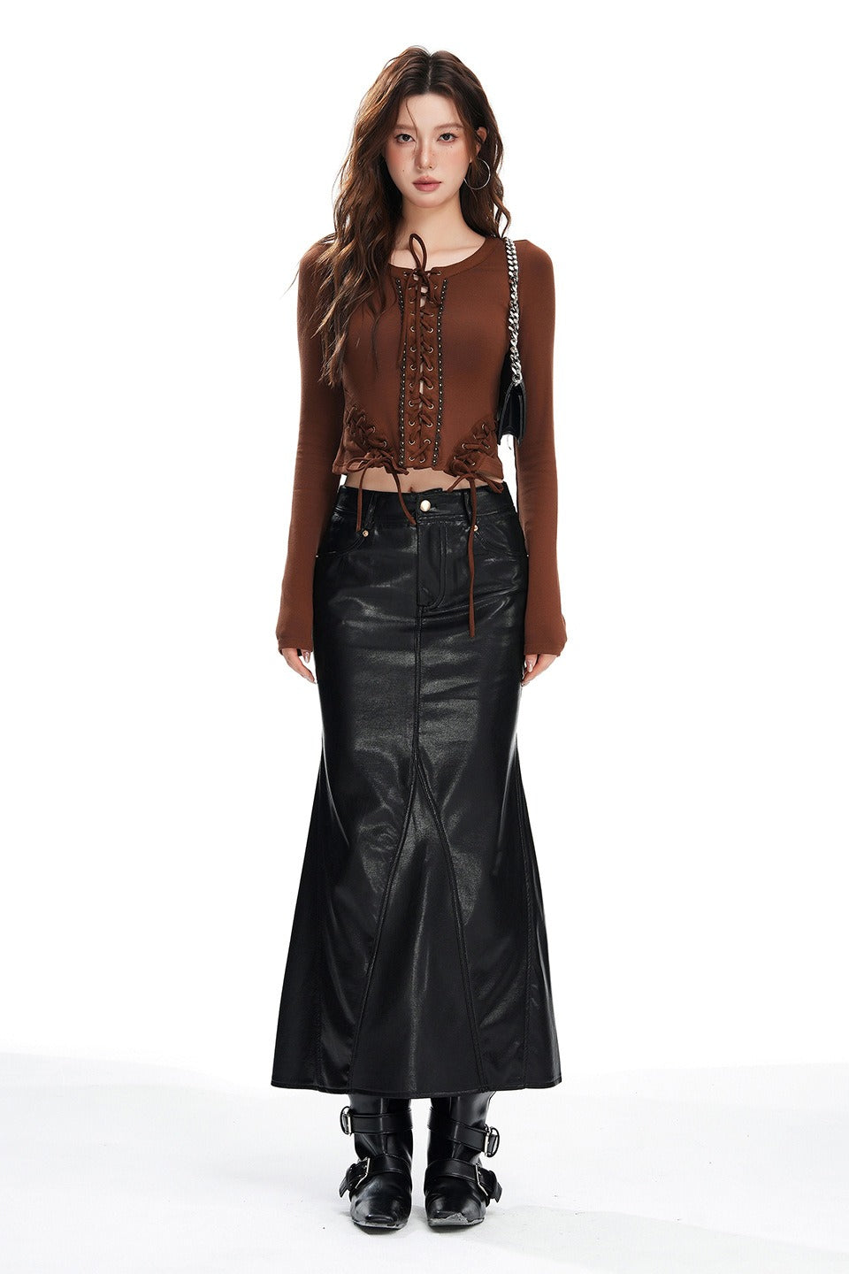 Faux Leather High Waist Seamed Mermaid Maxi Skirt 2