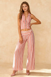 Striped Lace Up Backless Two Piece Pants Set