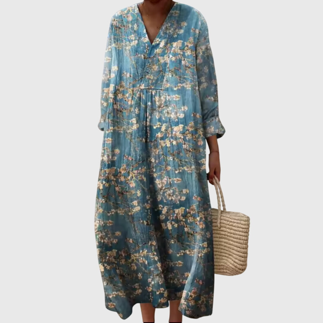 V-Neck Long Sleeve Striped Patchwork Maxi Dress