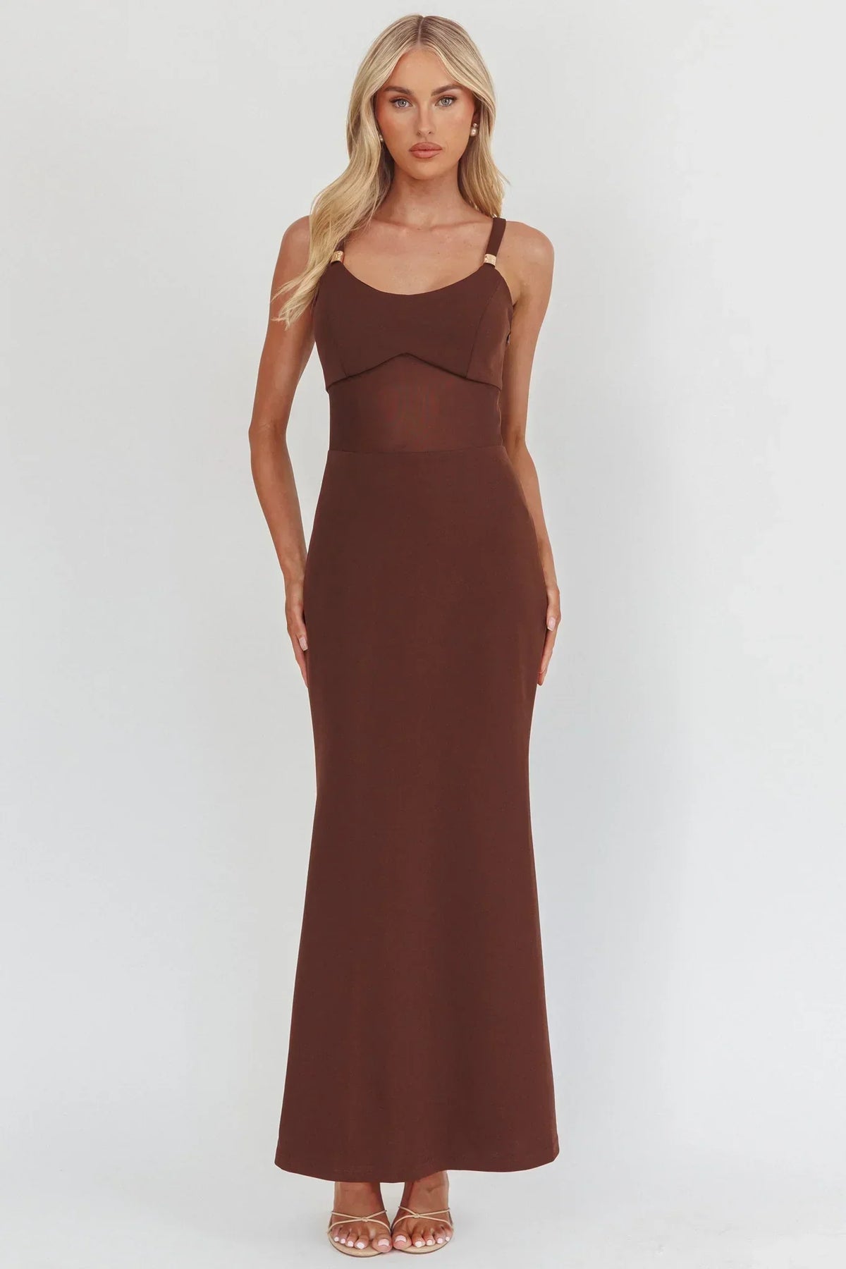 Scoop Neck Ring Strap Sheer Mesh Waist Mermaid Maxi Dress 4