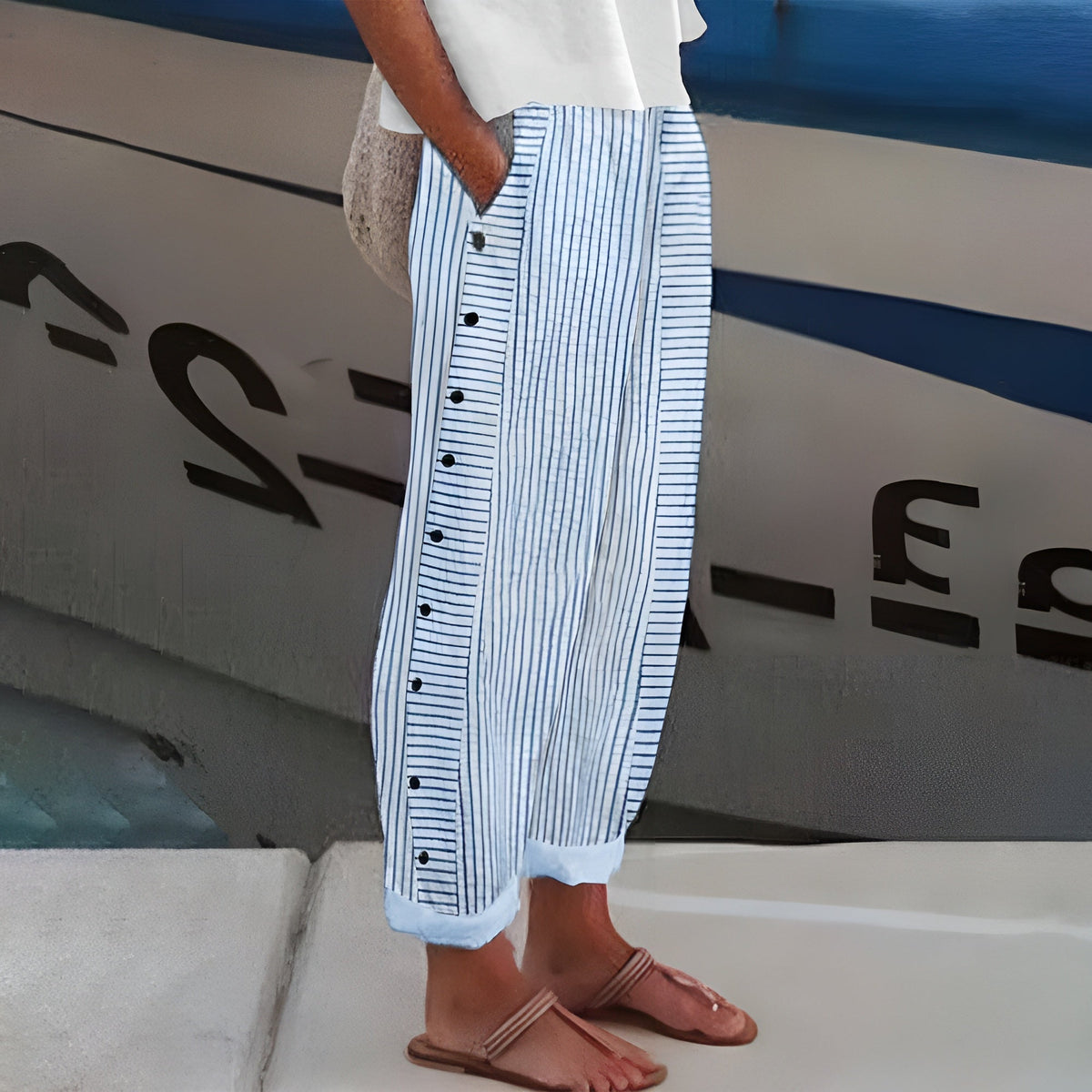 Striped High Waist Side Button Tapered Pants