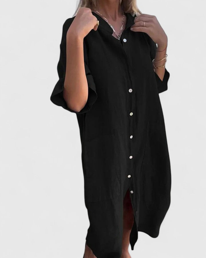 Collared Button Front Roll Sleeve Pocket Shirt Dress