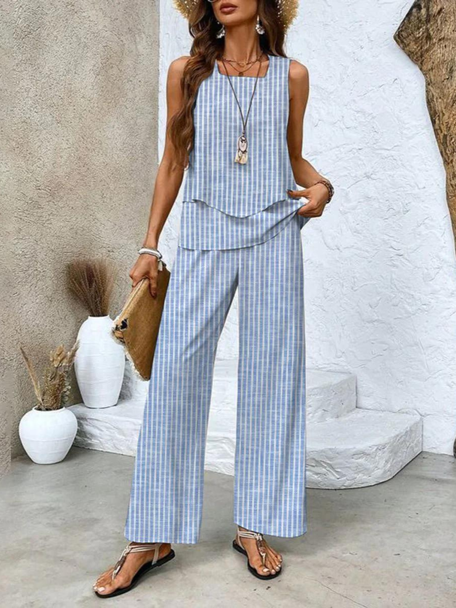 Sleeveless Square Neck Top and Leaf Print Wide Leg Pants Two Piece Set