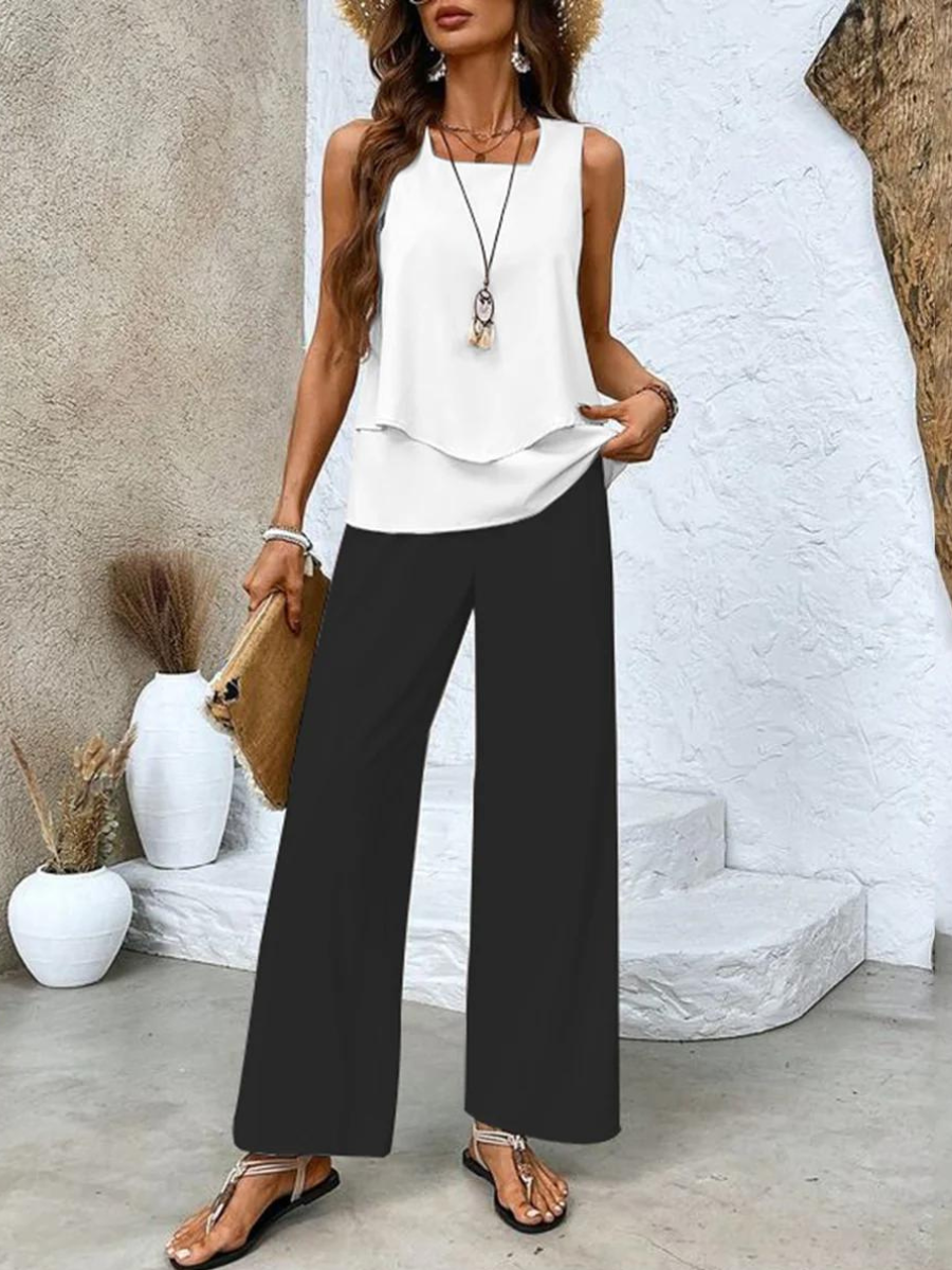 Sleeveless Square Neck Top and Leaf Print Wide Leg Pants Two Piece Set