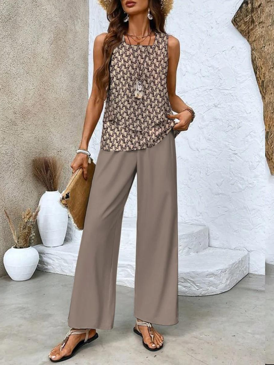 Sleeveless Square Neck Top and Leaf Print Wide Leg Pants Two Piece Set