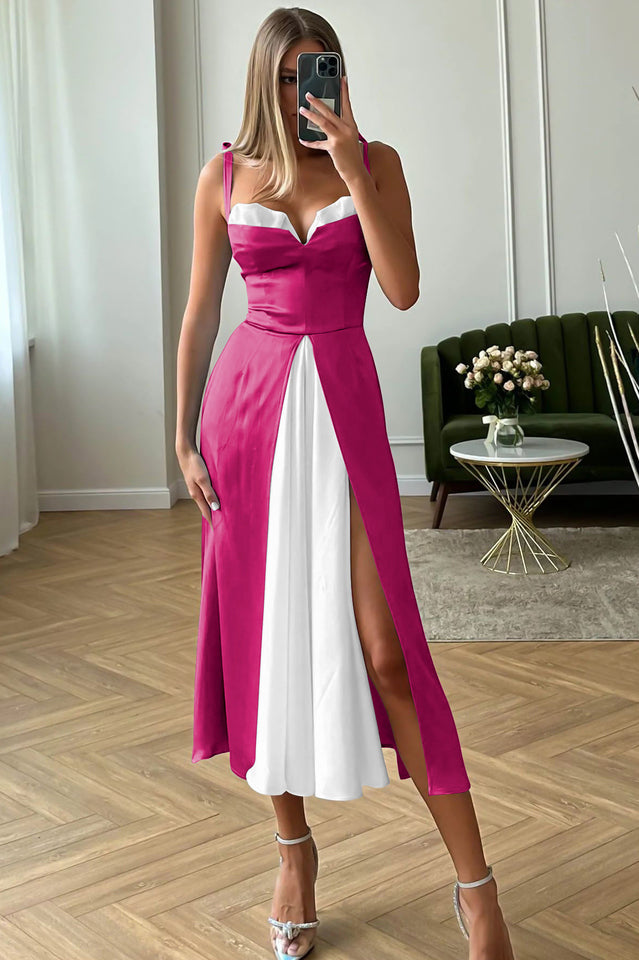 Satin Sweetheart Neck Contrast Panel High Split Corset Midi Dress 26