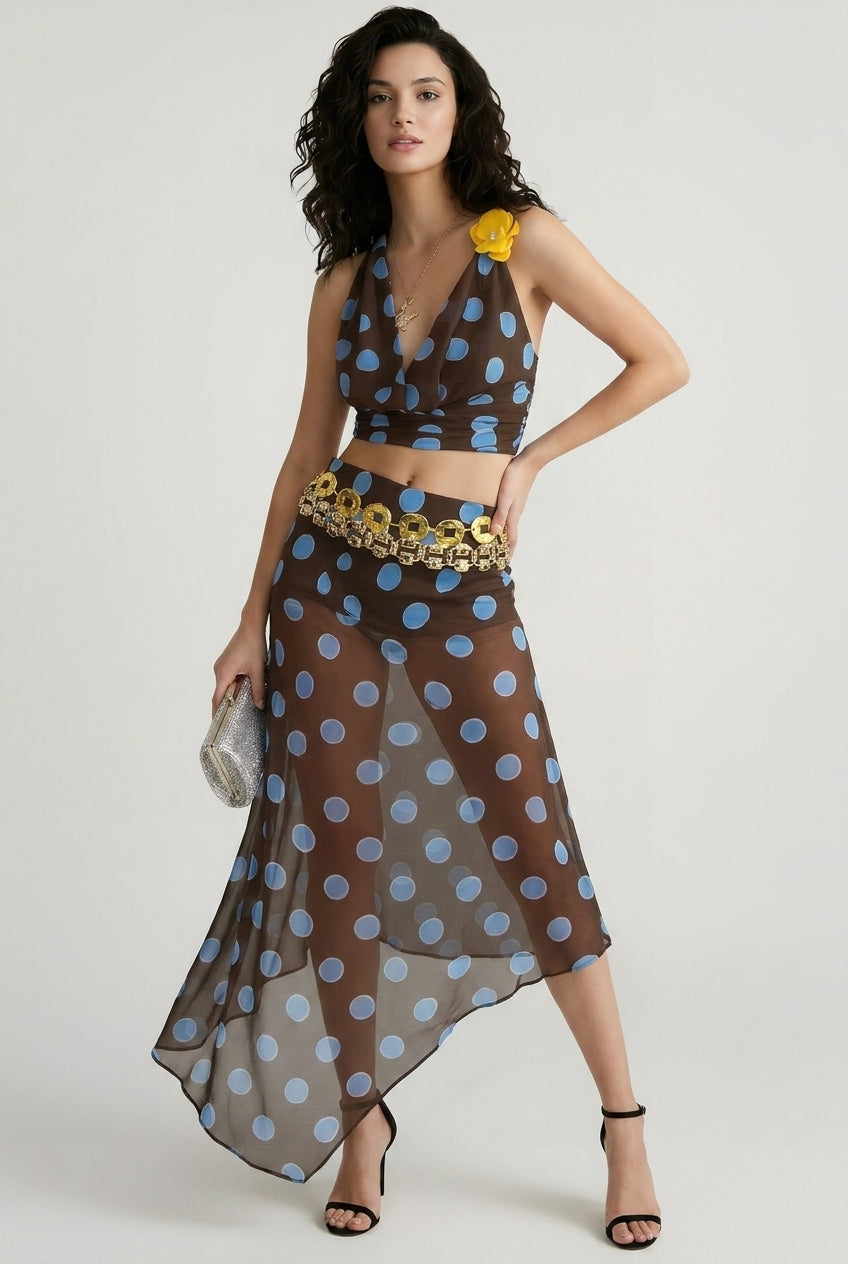 Polka Dot Sheer Mesh Asymmetric Hem Midi Skirt 3