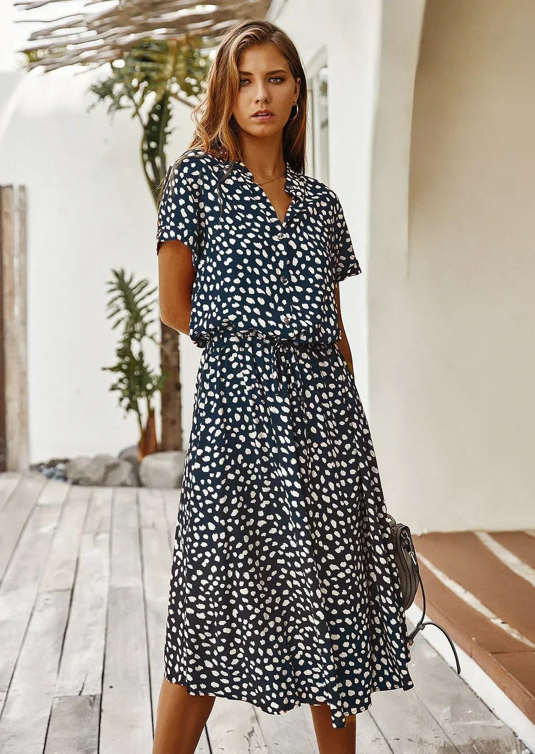 Polka Dot Print V-Neck Button Down Drawstring Waist Shirt Midi Dress