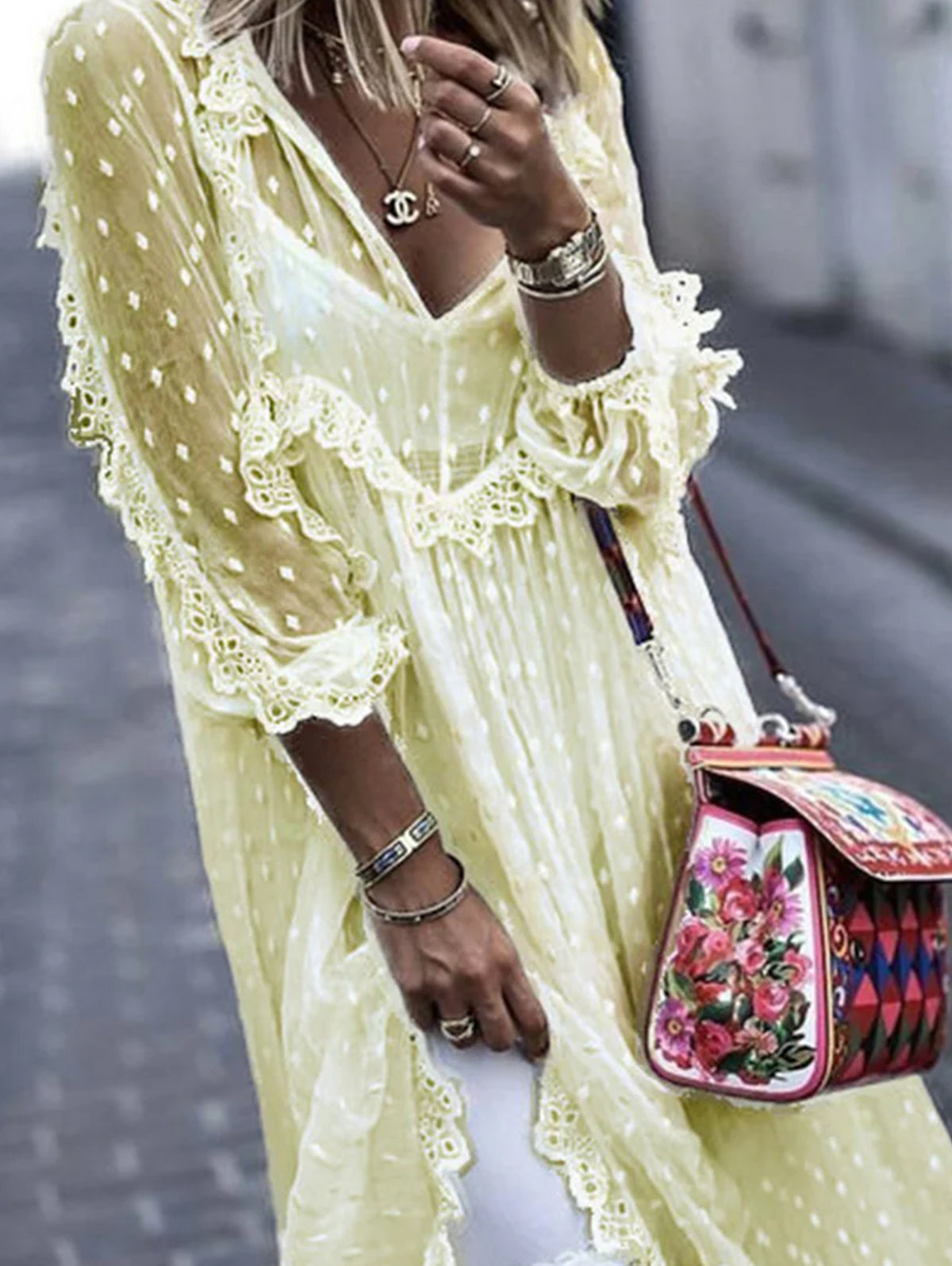 White Jacquard Polka Dot See-through Maxi Dress Long Sleeve - View 4