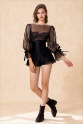 French Warm-Season Blouse Sling Retro Mujer Slimming Arm Blusas Women Mesh Top Long De Lace Shorts Elegant Set