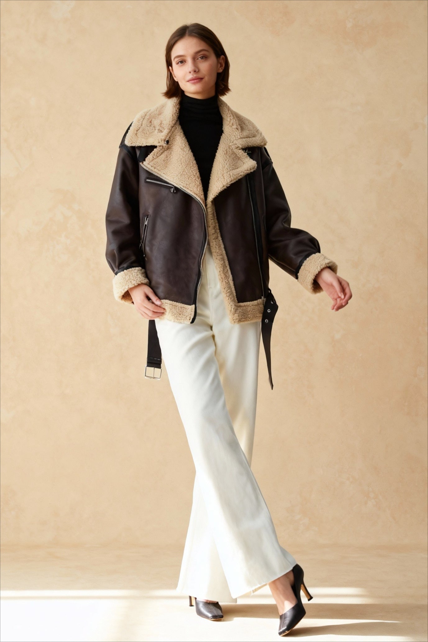 Classic Sherpa Lined Trendy Shearling Leather Flight Jacket