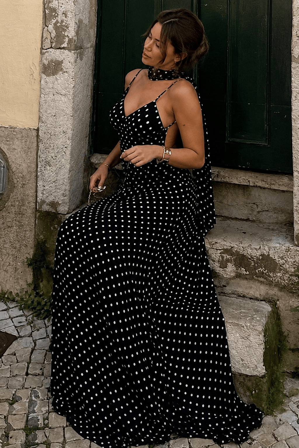 Polka Dot Backless Slim Fit Slip Dress