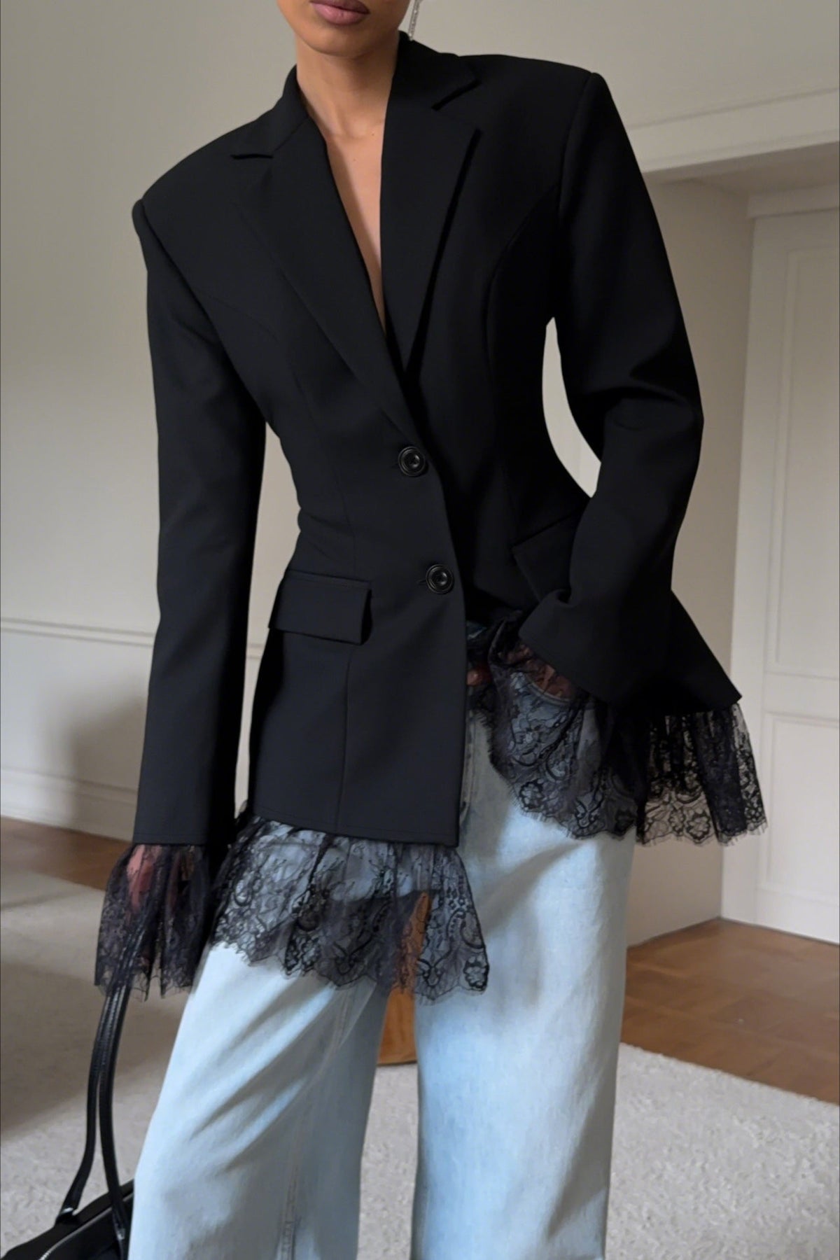 Lace Ruffle Hem and Cuff Padded Shoulder Longline Blazer Dress 4